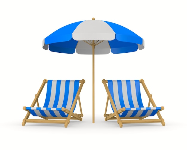Guarda-chuva de praia e espreguiçadeira no fundo branco ilustração 3D isolada