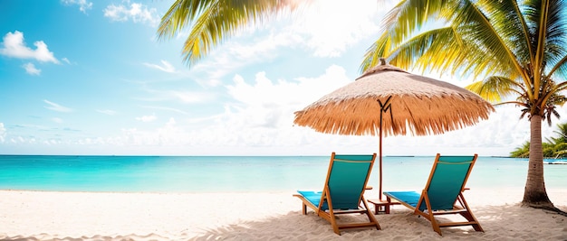 Guarda-chuva e espreguiçadeira sob uma palmeira na praia de uma ilha tropical com um mar azul