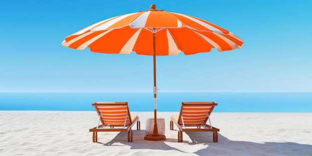 Guarda-chuva laranja com cadeiras de praia na praia tropical fundo céu azul generativo AI