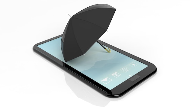 Guarda-chuva na tela do tablet smartphone isolada no branco