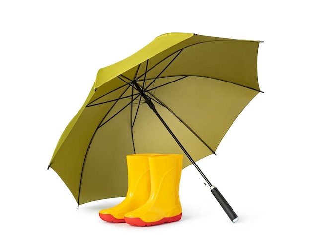 Guarda-chuva verde e gumboots