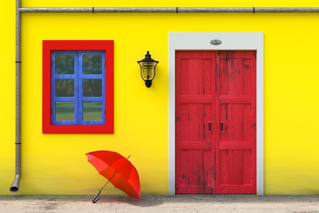 Guarda-chuva vermelho na frente do edifício de casa retro Vintage europeu com parede amarela, porta vermelha e janelas azuis, close up extremo de cena de rua estreita. Renderização 3D