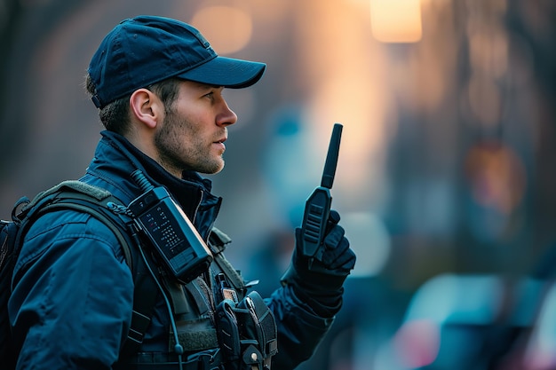 Foto guarda de segurança do serviço de polícia e walkie talkie generative ai