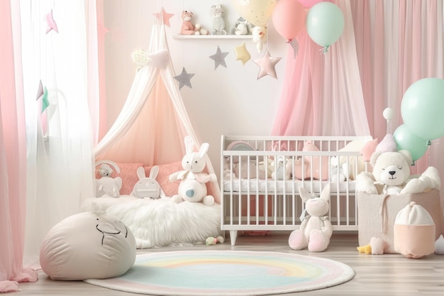 Guarda-roupa de bebê organizado com roupas e brinquedos expostos nas prateleiras