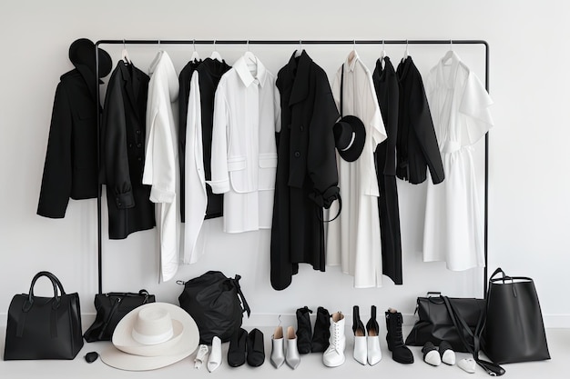 Guarda-roupa minimalista com mistura de peças elegantes em preto e branco criadas com IA generativa