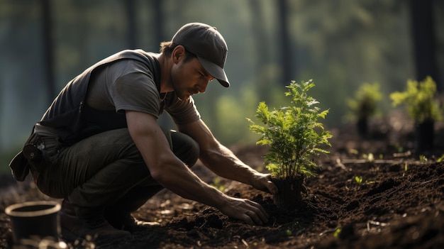 Un guardabosques plantando un retoño en el bosque.