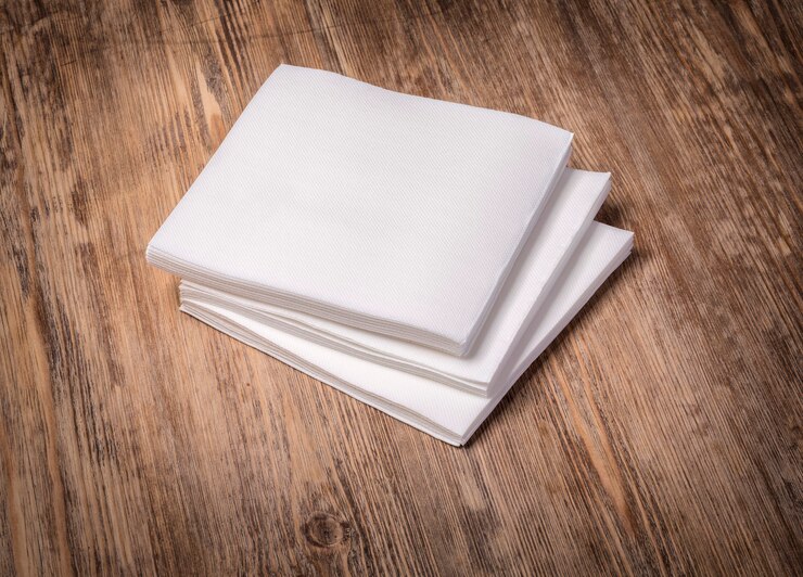 Guardanapo de papel branco na velha mesa de madeira