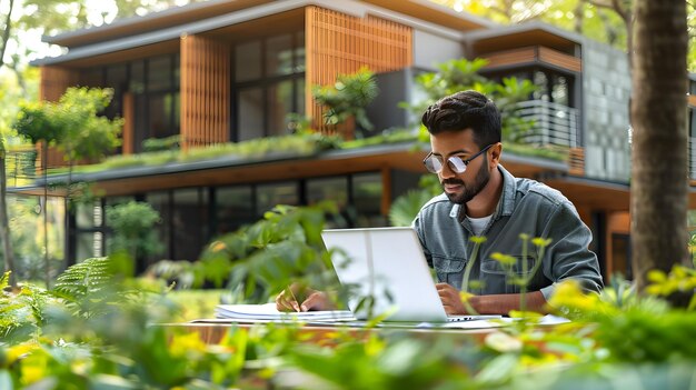 Un guardaparques lleva a cabo talleres de educación ambiental en línea desde una computadora portátil en un parque nacional I