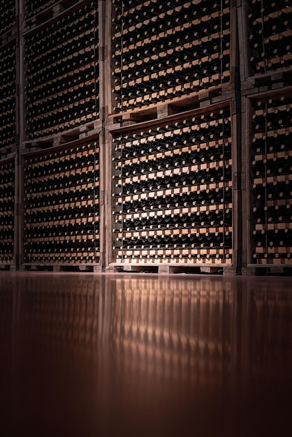 Guarde las botellas en la bodega de la fábrica de vino.