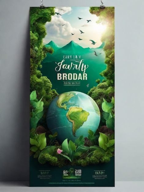 Guarde el cartel o la tarjeta de la Tierra o la invitación en la plantilla de diseño de banner para el Día Internacional de la Tierra con la mano sosteniendo el planeta Tierra en un fondo floral verde Ilustración vectorial