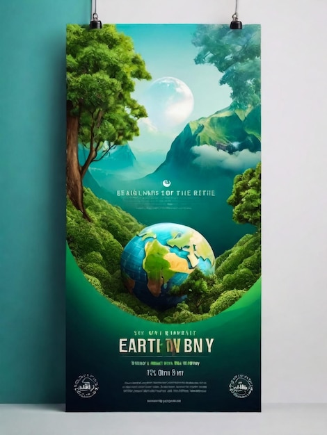 Guarde el cartel o la tarjeta de la Tierra o la invitación en la plantilla de diseño de banner para el Día Internacional de la Tierra con la mano sosteniendo el planeta Tierra en un fondo floral verde Ilustración vectorial