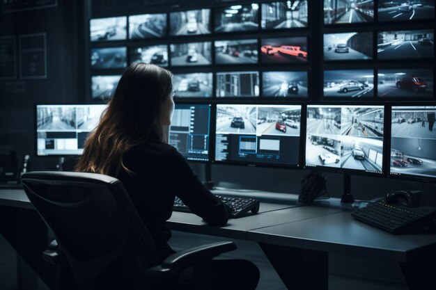 Guardia de seguridad femenina empoderada garantizando la seguridad a través de la vigilancia de las cámaras de CCTV modernas en la vigilancia