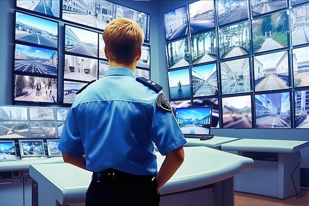 Foto un guardia de seguridad masculino mira los monitores de la cámara en la sala de seguridad