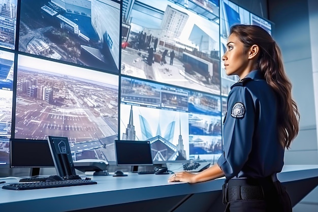 Foto una guardia de seguridad mira los monitores de la cámara en la sala de seguridad