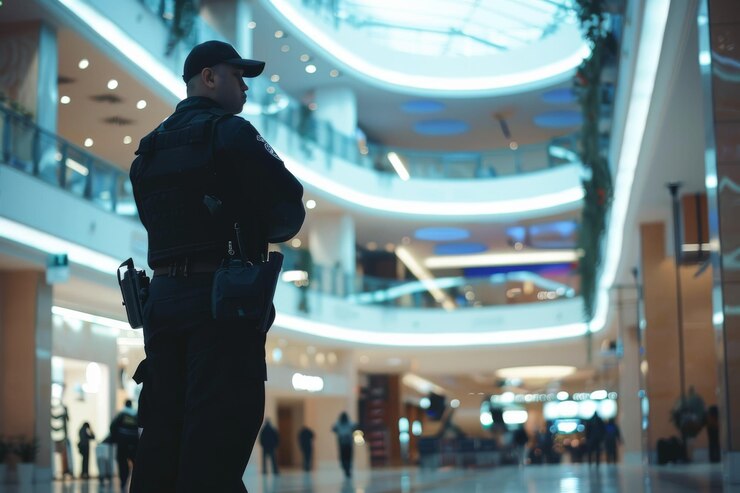 Un guardia de seguridad de pie con los brazos cruzados en un centro comercial moderno mostrando un comportamiento profesional y vigilante