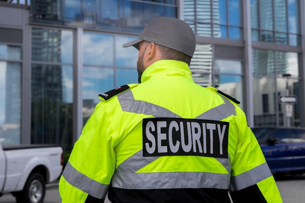 Un guardia de seguridad en uniforme patrullando un área residencial.