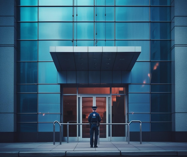 Un guardia de seguridad vigilando un edificio.