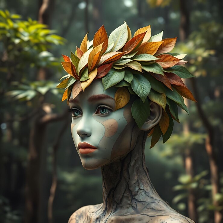 Guardián del bosque encantado retrato surrealista espíritu de la naturaleza hoja de otoño corona bosque místico
