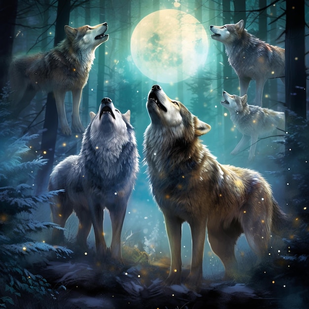 Guardianes Celestiales Un trío de lobos majestuosos adornados con constelaciones etéreas aullando bajo un cielo iluminado por la luna.