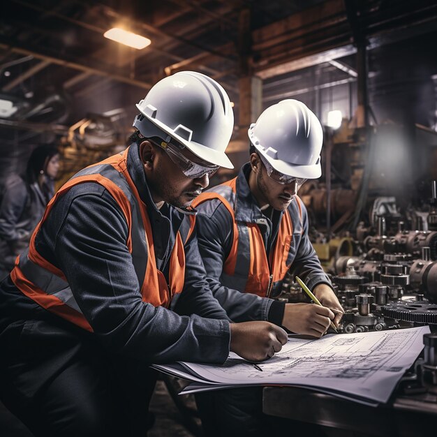 Guardianes de seguridad Trabajadores industriales con cascos y equipo de protección