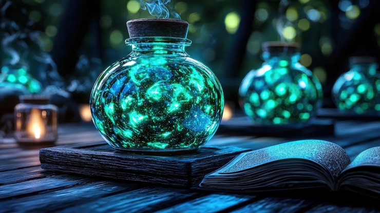 Foto una guarida de brujas llena de pociones burbujeantes libros de hechizos y velas brillantes