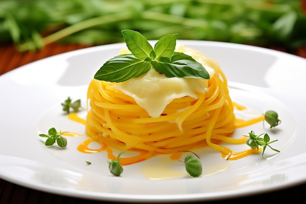 Guarnición de espagueti con queso y hojas de fianza en un plato blanco
