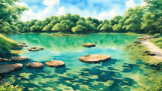 Águas cristalinas em lagoas verdes Uma imagem de paz e harmonia com a natureza Ilustração de aquarela Gerada pela IA