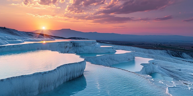 Águas termais azuis ricas em minerais em terraços de travertino branco em Pamukkale, Turquia