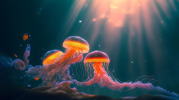 Águas-vivas do mar brilhantes na arte gerada pela rede neural de fundo escuro