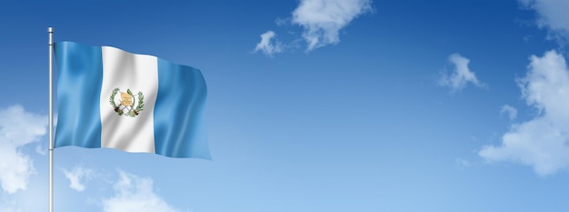 Guatemala-Flagge dreidimensionales Rendern isoliert auf blauem Himmel Horizontale Banner 3D-Darstellung