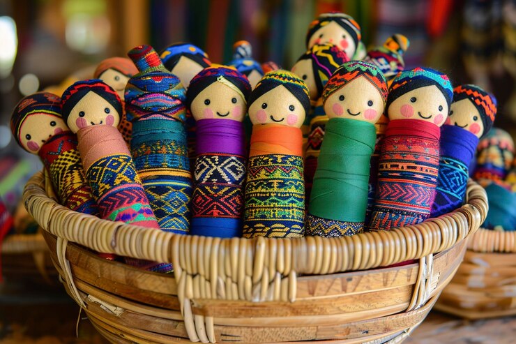 Foto guatemaltecas coloridas worry dolls em um caixão