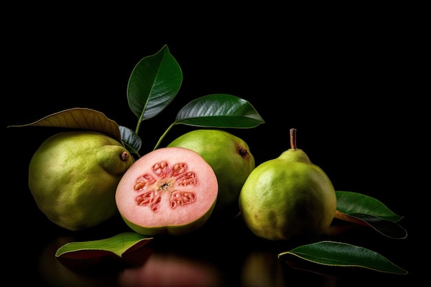 Guava mit Blatt auf schwarzem Hintergrund