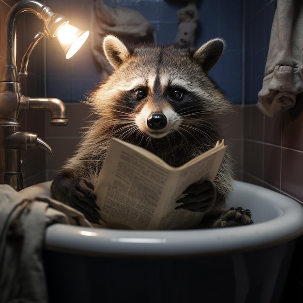 guaxinim lendo um jornal em cima do vaso sanitário