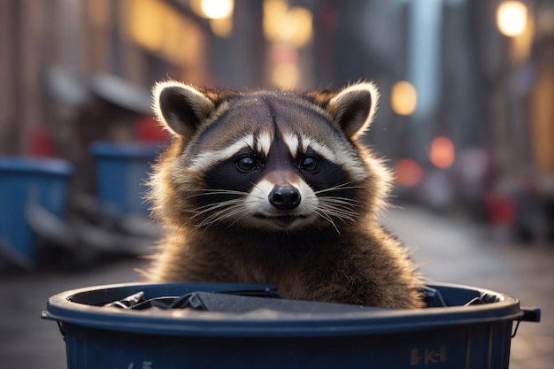 Guaxinim na lixeira na rua