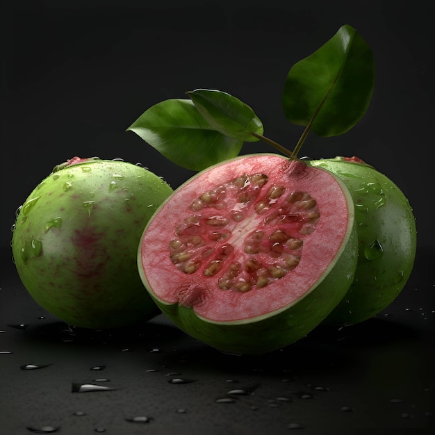 Guayaba fresca con gotas de agua sobre fondo negro Fruta exótica