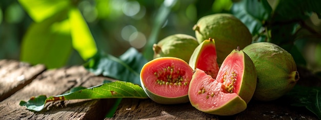 guayaba sobre fondo de madera y fondo natural