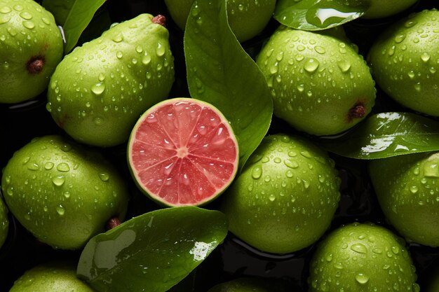 Una guayaba verde con gotas de agua en el fondo 4k