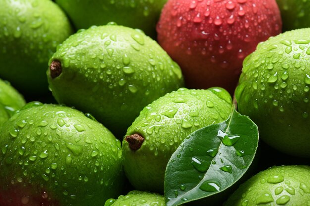 Foto una guayaba verde con gotas de agua en el fondo 4k