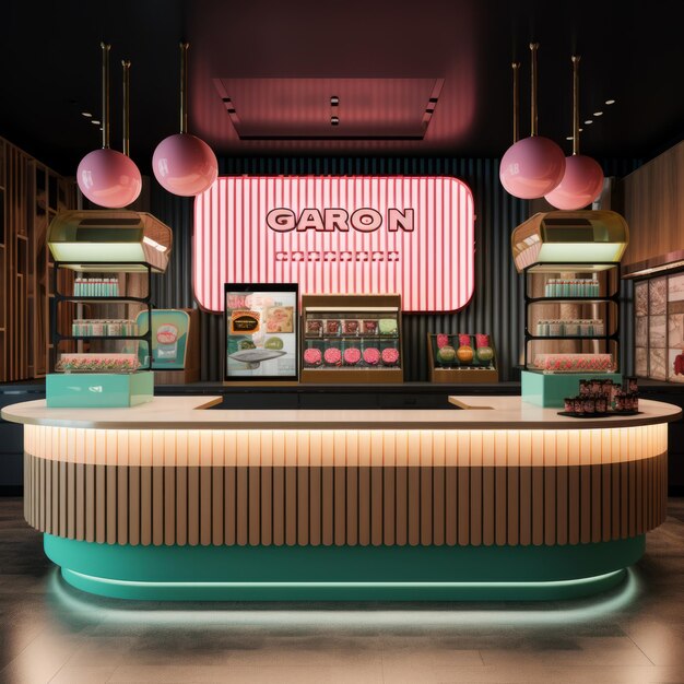 Foto gucci streetwear candy shop japandi bauhaus counter con una foto de exhibición de neón ultra realista 'gron'