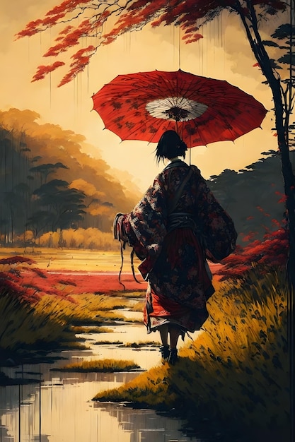 Foto gueicha de pintura a tinta japonesa vestindo um quimono criado com ai generativa