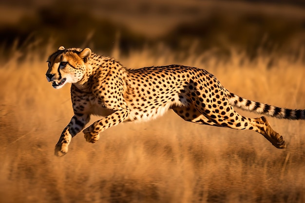 Guepardo adulto corriendo a toda velocidad mientras persigue a una cría de ñu