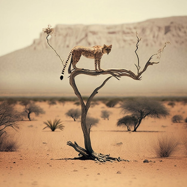 Un guepardo se para en un árbol en un desierto.