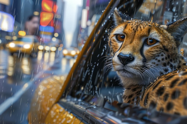 Foto un guepardo cautivador mirando a través de la ventana de un coche salpicado de lluvia en un entorno nocturno urbano