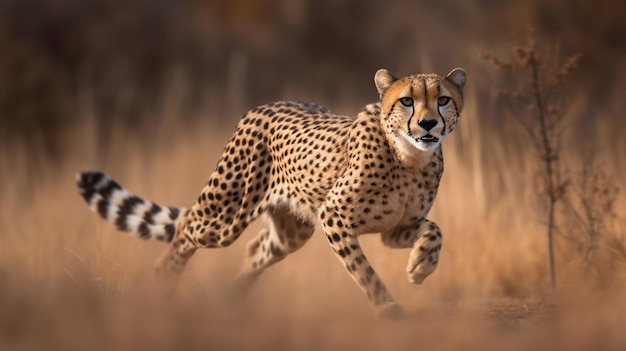 Un guepardo corriendo por un campo con un fondo borroso