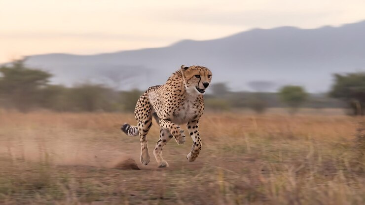 un guepardo corriendo en un campo con un guepard en la espalda