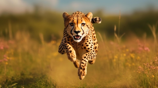 Un guepardo corriendo por un campo con el sol brillando sobre él