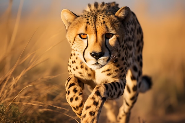 Un guepardo corriendo en el prado