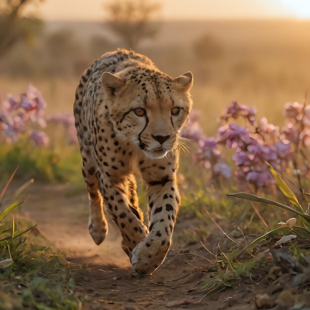 Foto un guepardo corriendo a través de un campo de flores