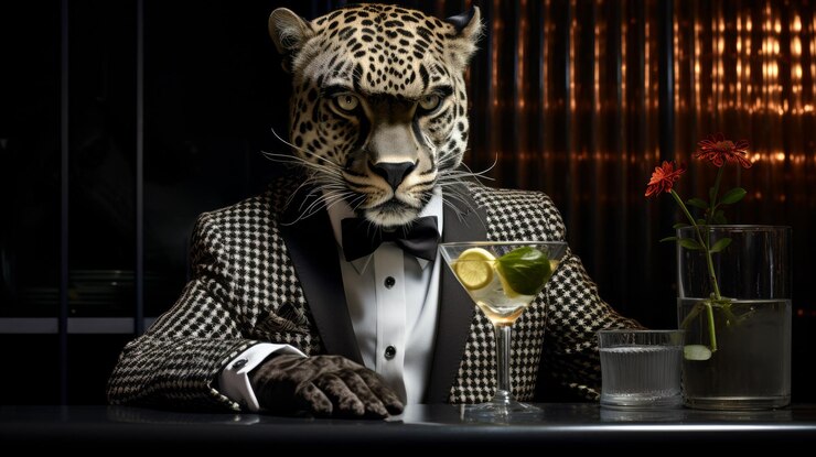 un guepardo elegante adornado con un traje de rayas a medida accesoriado con un clip de corbata de platino