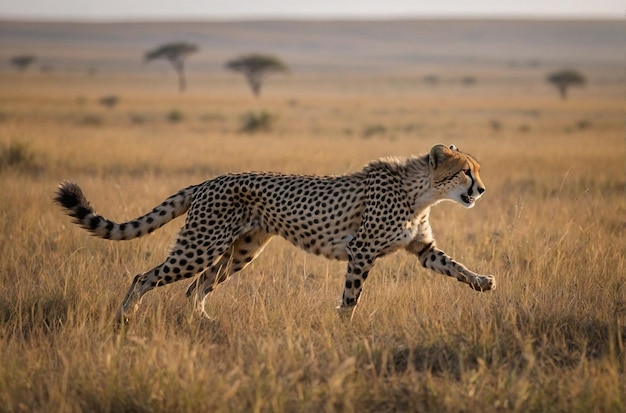 El guepardo esbelto corriendo a través de las praderas